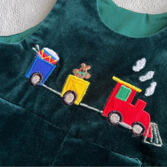 Florence Eiseman Baby Velvet Embroidered Holiday Overalls Shortall Toy Train 18M - Picture 6 of 13